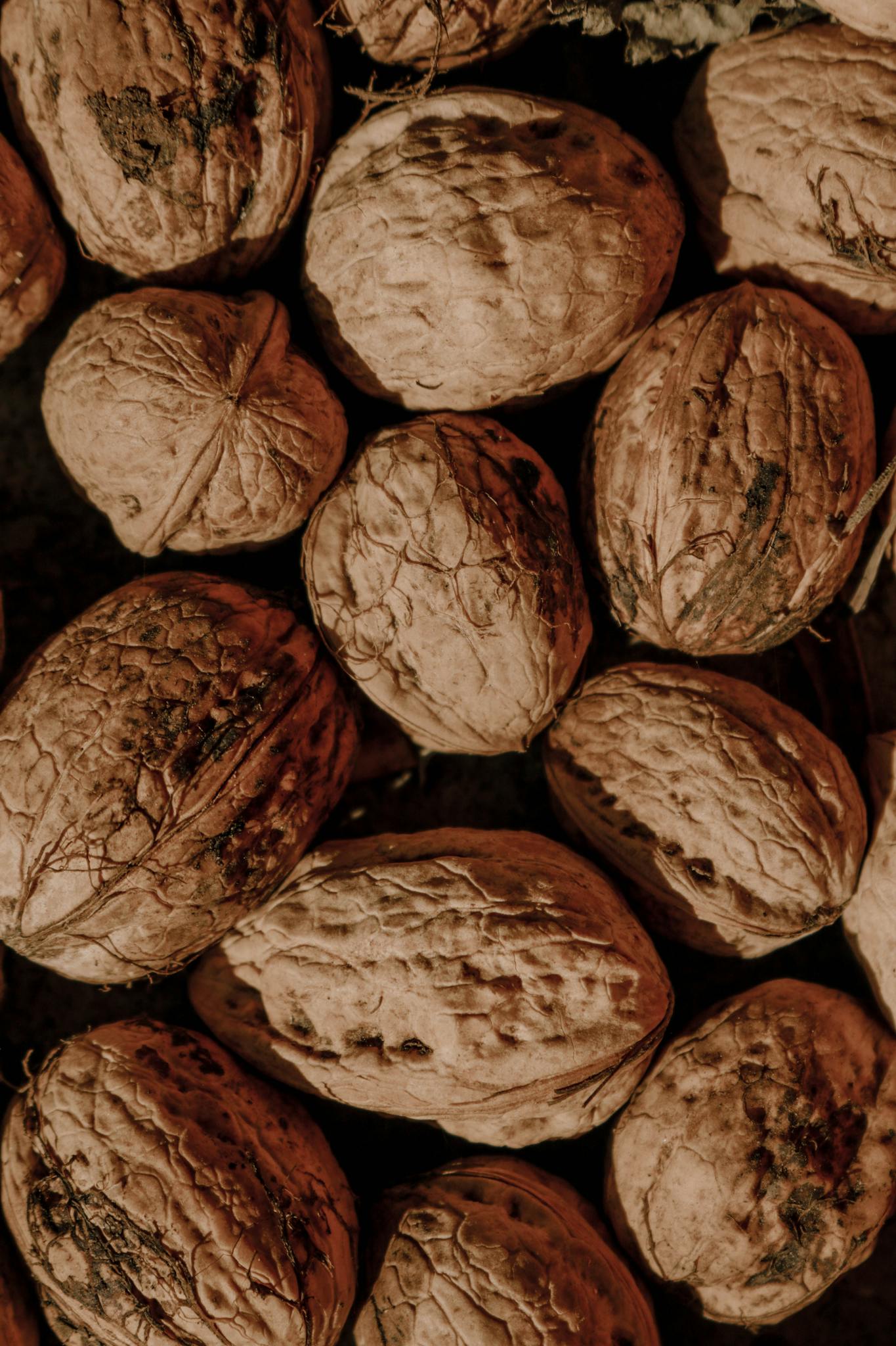 Detailed close-up photo of walnuts showcasing their textured shells, offering a nutritious food option.